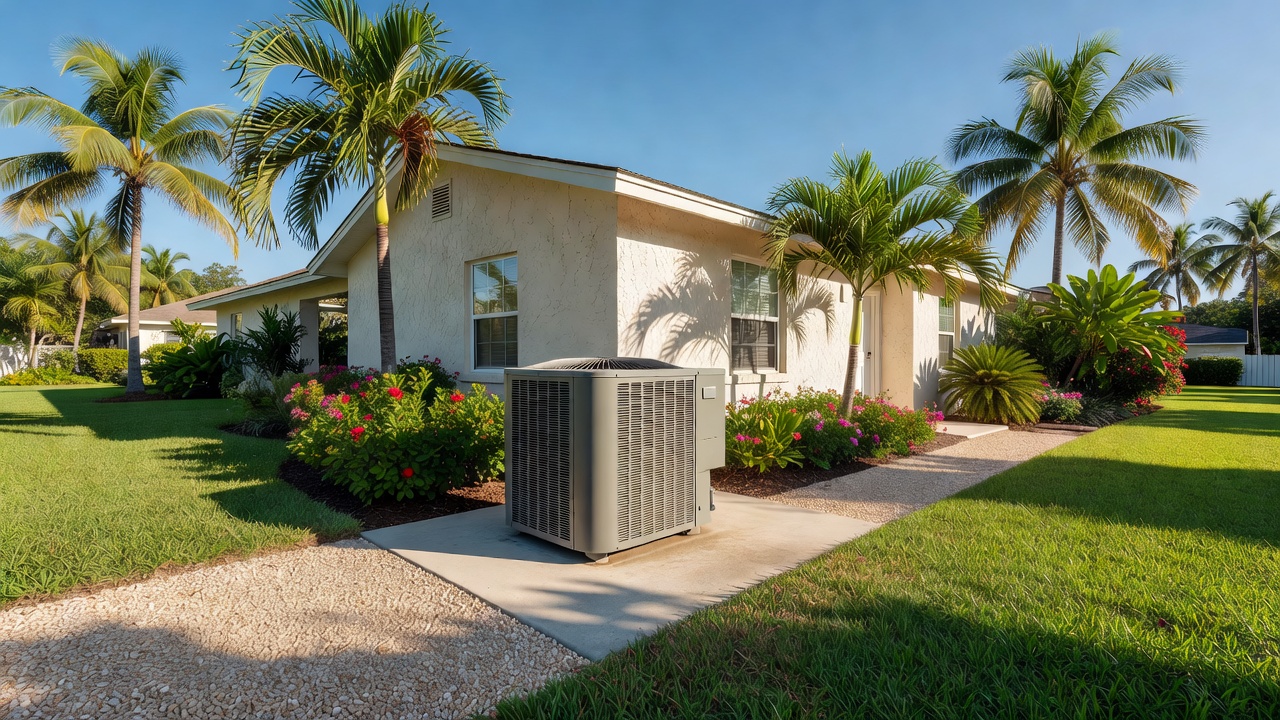 Outdoor residential AC condenser unit on concrete pad next to stucco Florida home with palm trees and landscaping under bright blue sky