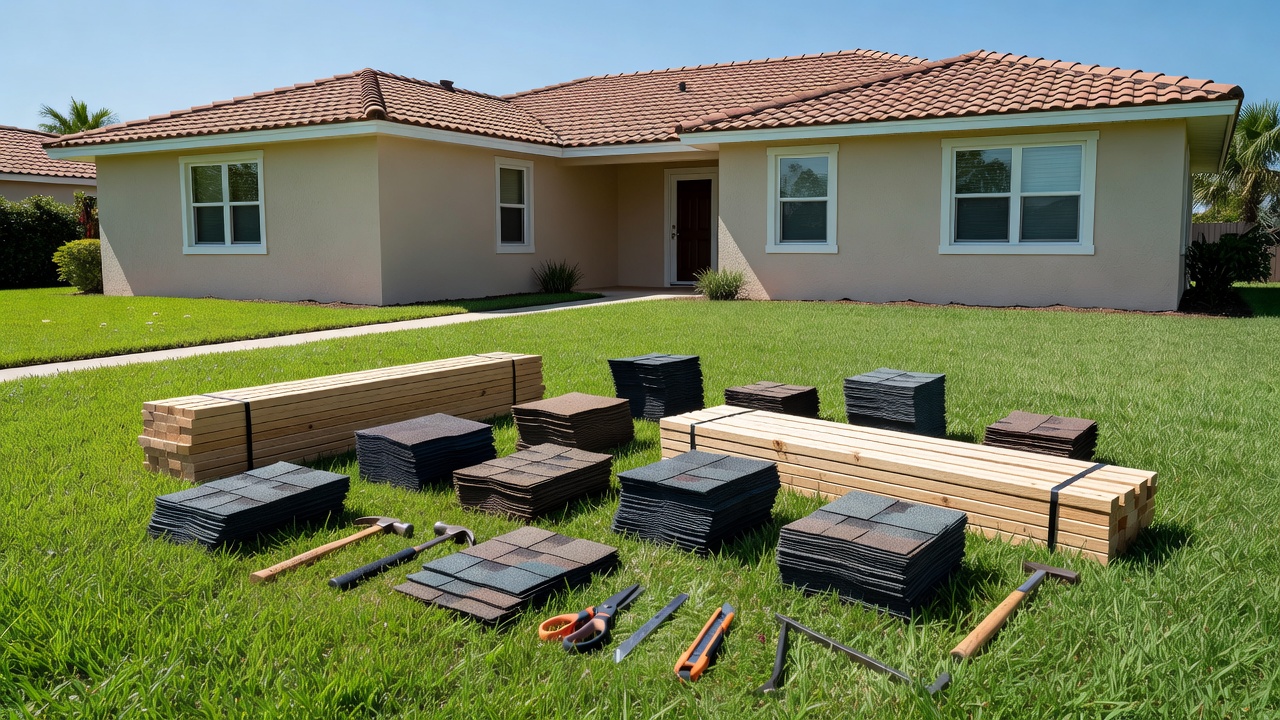 Florida home exterior with roofing shingles, lumber bundles, and hand tools on sunny front lawn