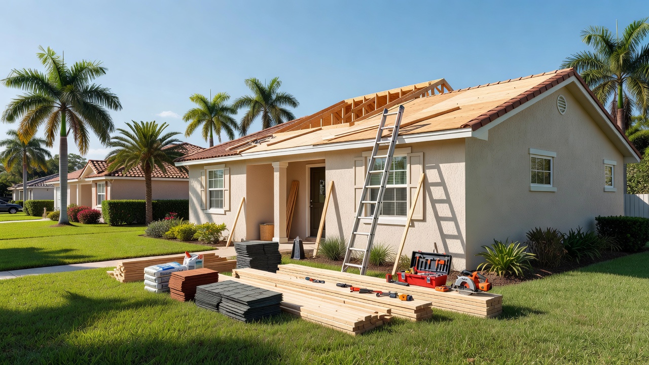 House exterior with partially completed roof, ladder, tools, lumber and shingles on lawn in sunny Florida neighborhood