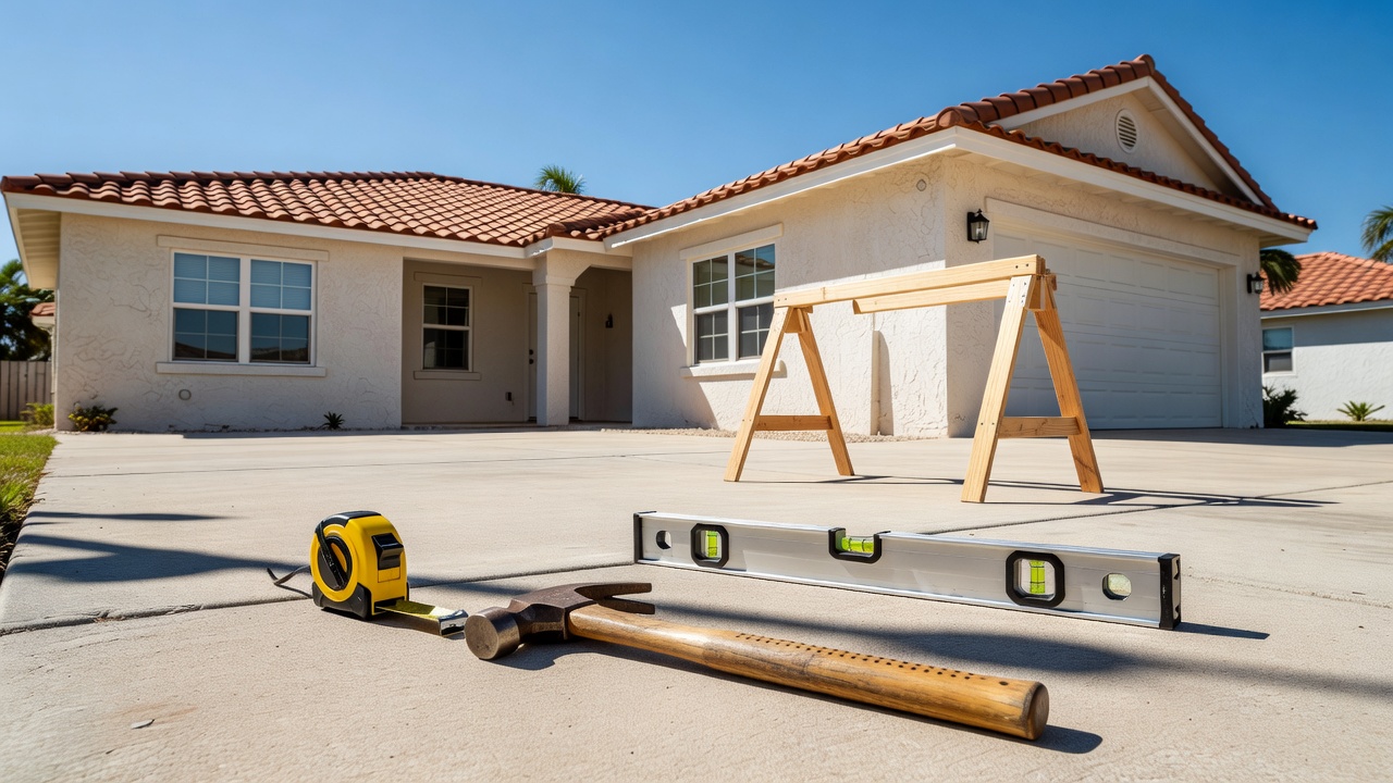 Hammer, tape measure, level and sawhorses on driveway beside Florida stucco home with tiled roof