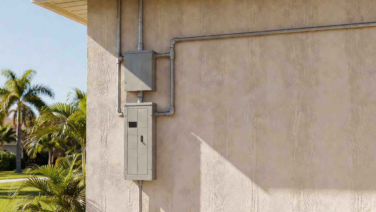 Residential electrical service panel with meter base and conduit on stucco wall of Florida home under daylight with palm trees