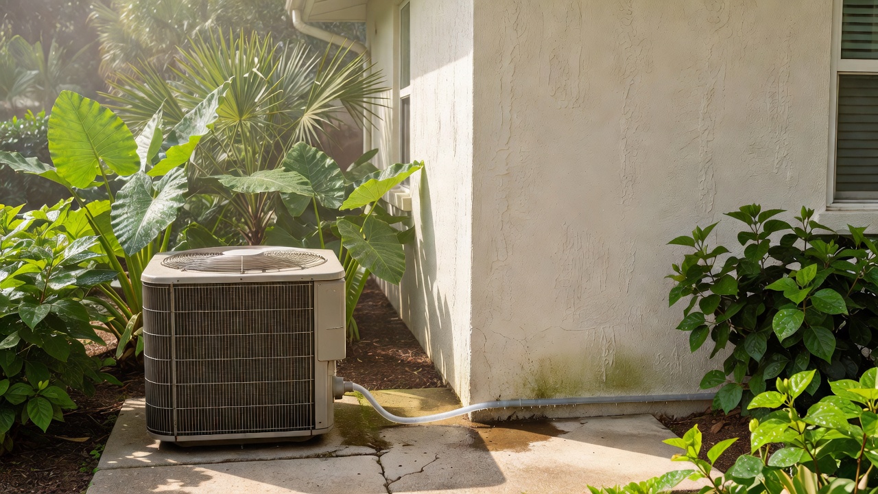 Residential AC condenser unit beside Florida stucco home with visible condensate drain line and tropical greenery