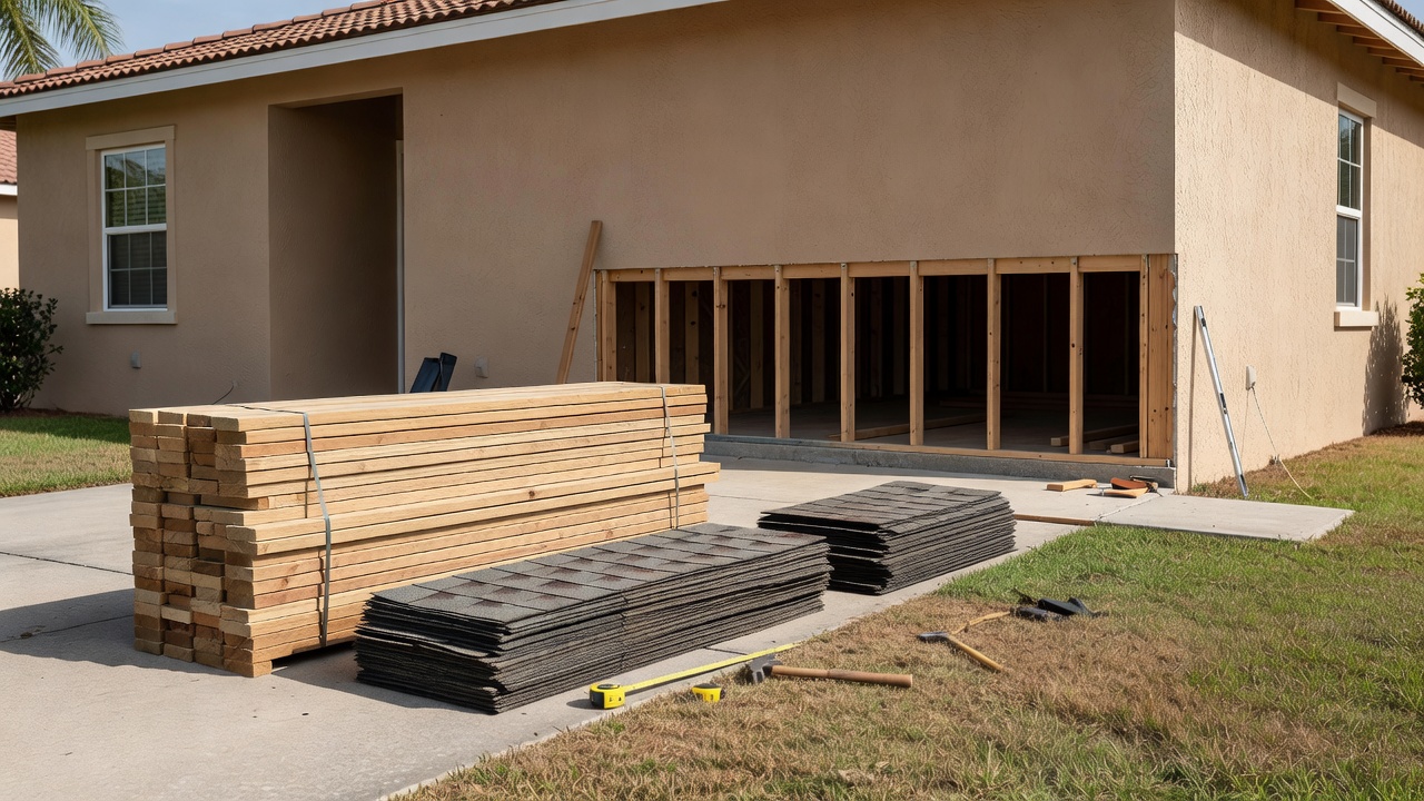 Lumber stacks, roofing shingles, and tools outside a Florida home with open wall framing