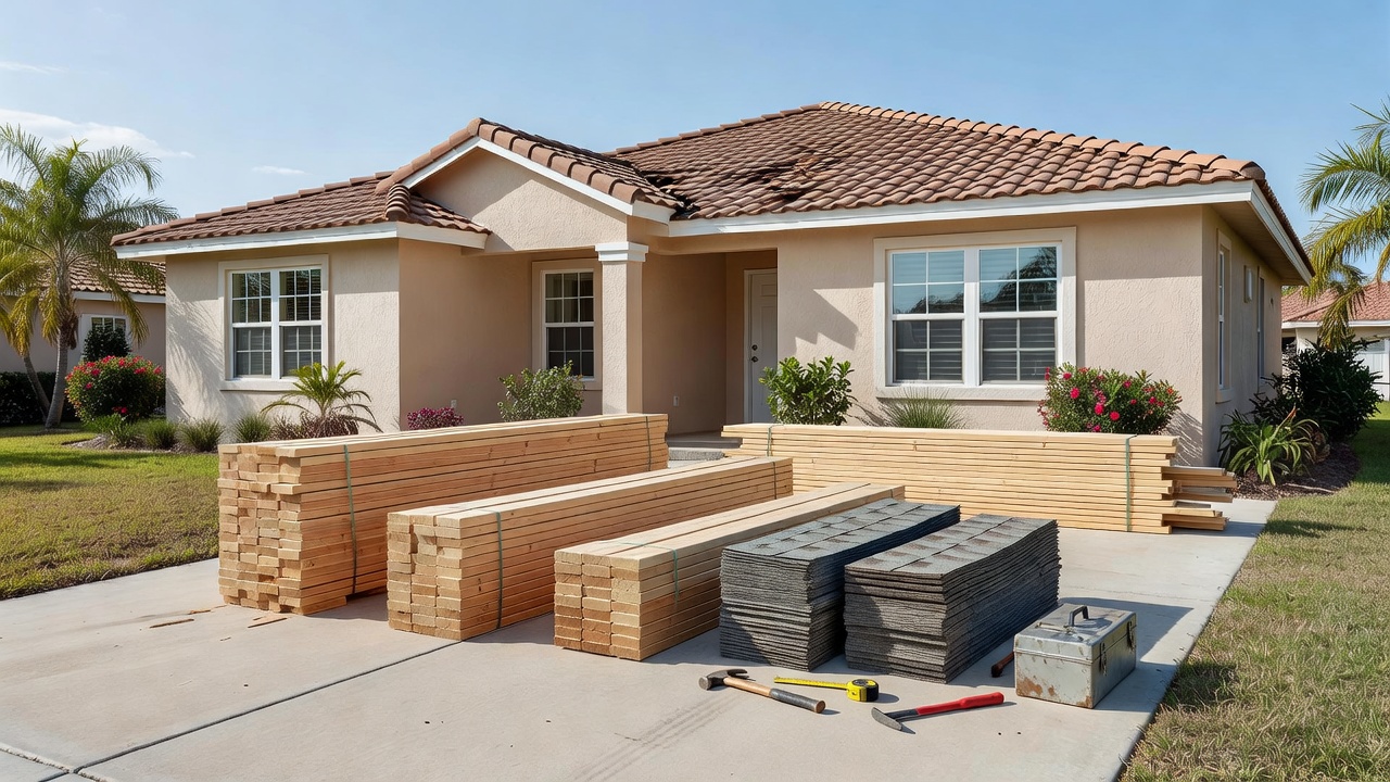 Florida single-family home exterior with lumber stacks, roofing materials, and tools on driveway in suburban neighborhood