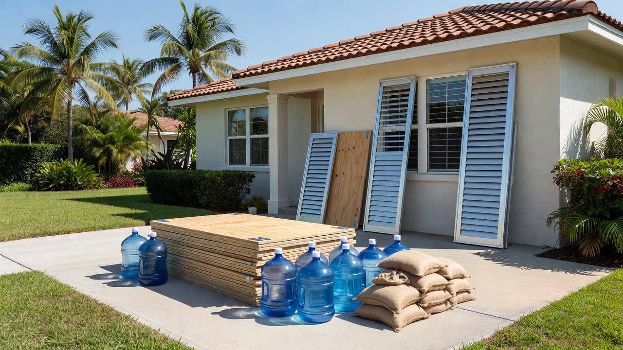 Florida home with plywood, water jugs, sandbags, and storm shutters prepared for hurricane