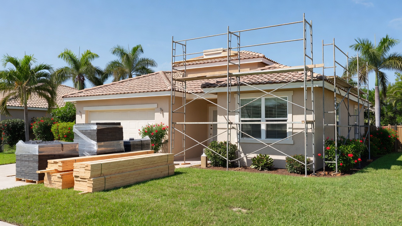 Florida single-family home exterior with metal scaffolding, stacked lumber, and construction materials on sunny lawn with palm trees