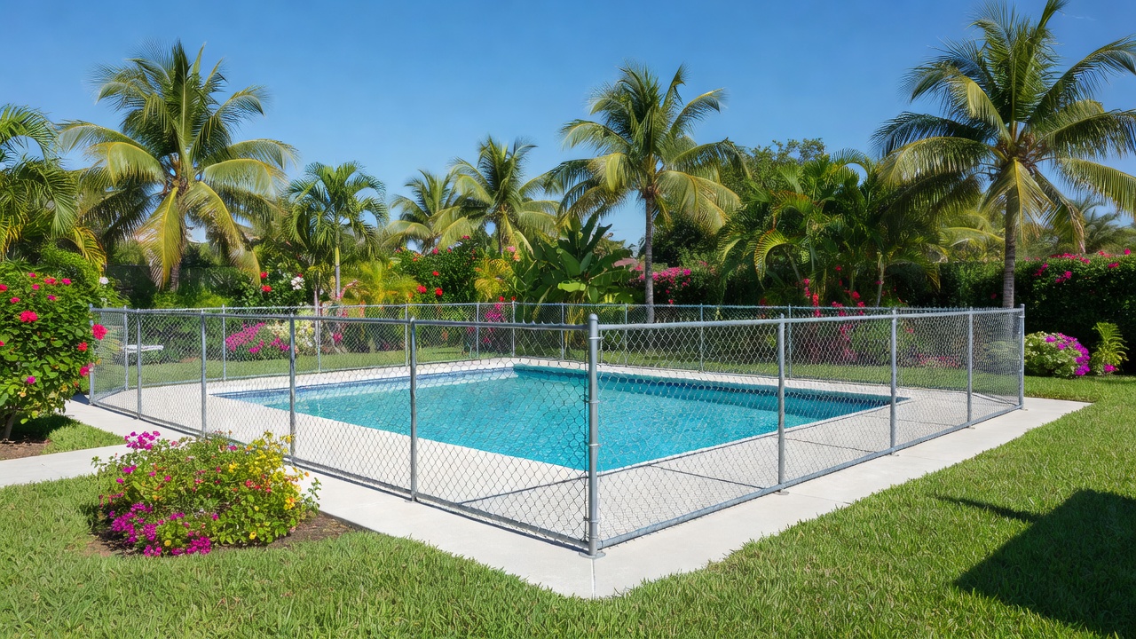 Residential pool with chain-link fence barrier in sunny Florida backyard with palms and flowers