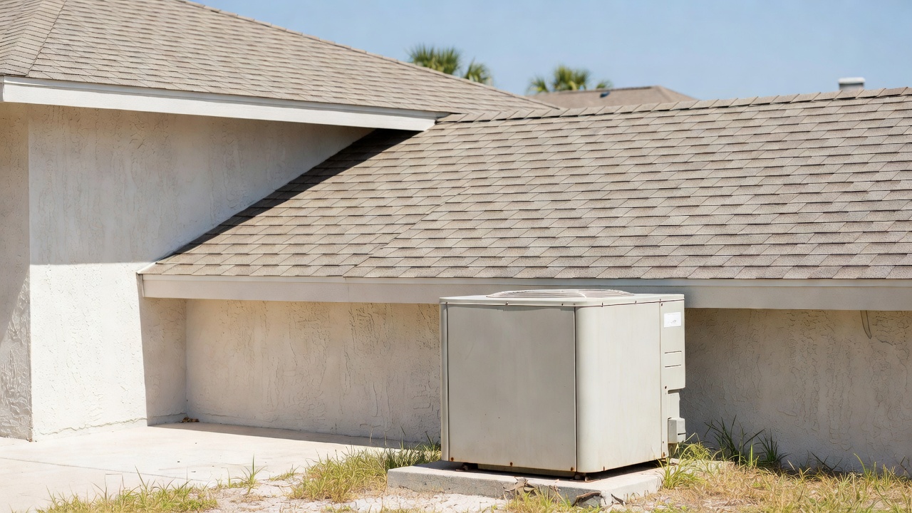 Residential HVAC condenser unit beside a stucco wall under a shingled roof on a sunny day