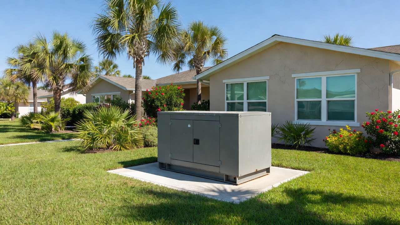 Standby generator on concrete pad next to Florida home with impact windows, palm trees and landscaped yard
