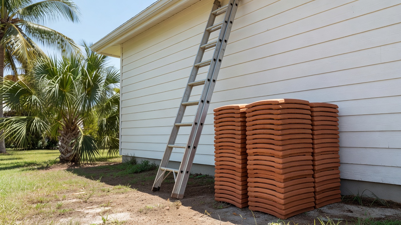 Ladder leaning against Florida home beside stacks of terracotta roofing tiles, palm trees in background