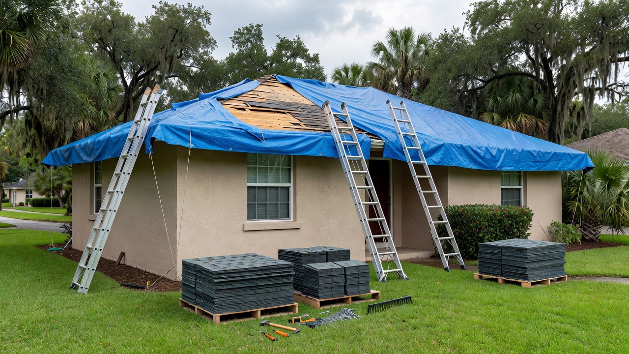Florida home with blue tarp on damaged roof, ladders, shingle stacks, and tools on lawn