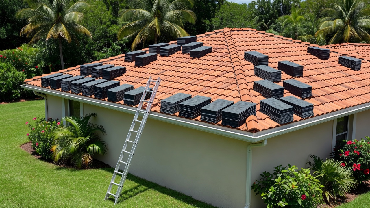 Florida house with red tile roof, stacks of new black shingles, and ladder leaning against exterior under bright sunlight with palm trees