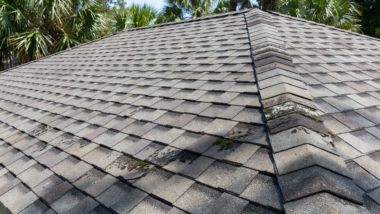 Close-up of weathered asphalt shingles on sloped roof with moss, dirt, and palm trees in bright sunlight