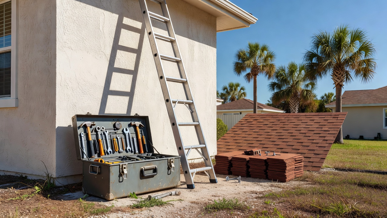 Open toolbox with tools and ladder leaning against stucco house exterior, with palm trees and roofing shingles nearby.