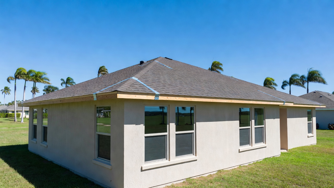 Florida single-family home with gray shingled roof, visible blue hurricane straps, impact windows, and fortified roof decking under bright sunlight