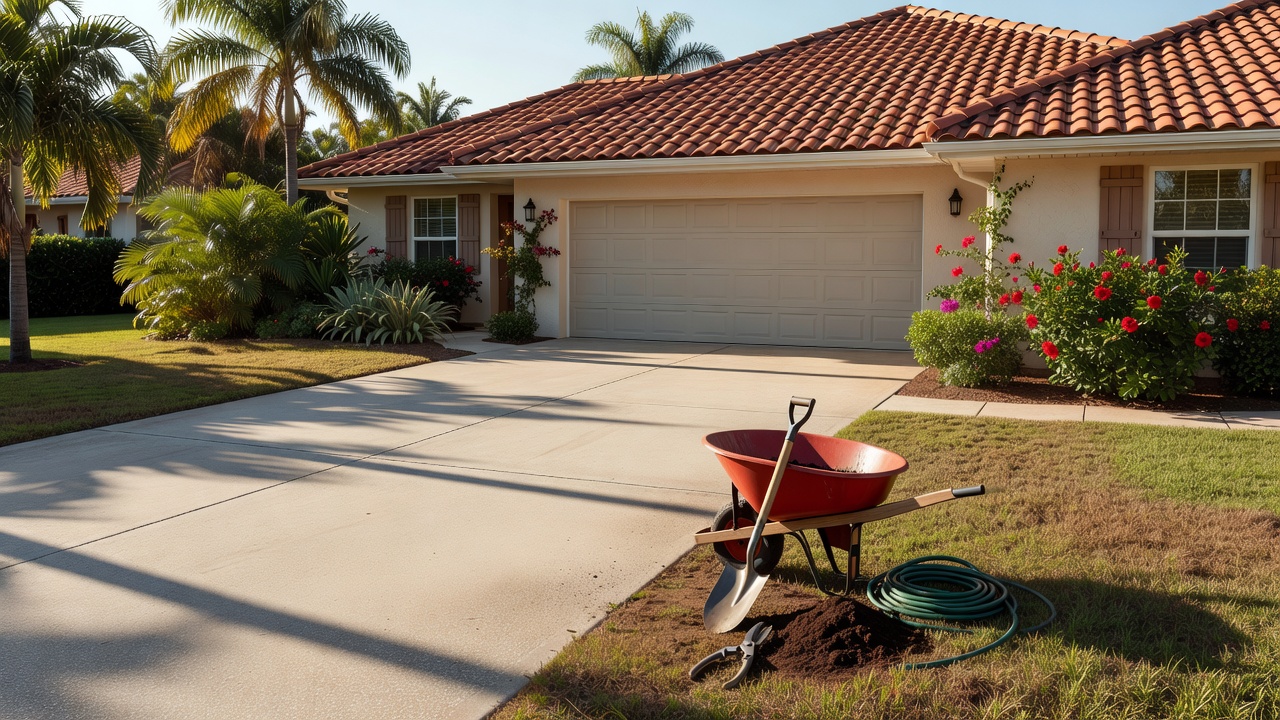 Florida home with red tile roof, concrete driveway, wheelbarrow and landscaping tools on sunny day