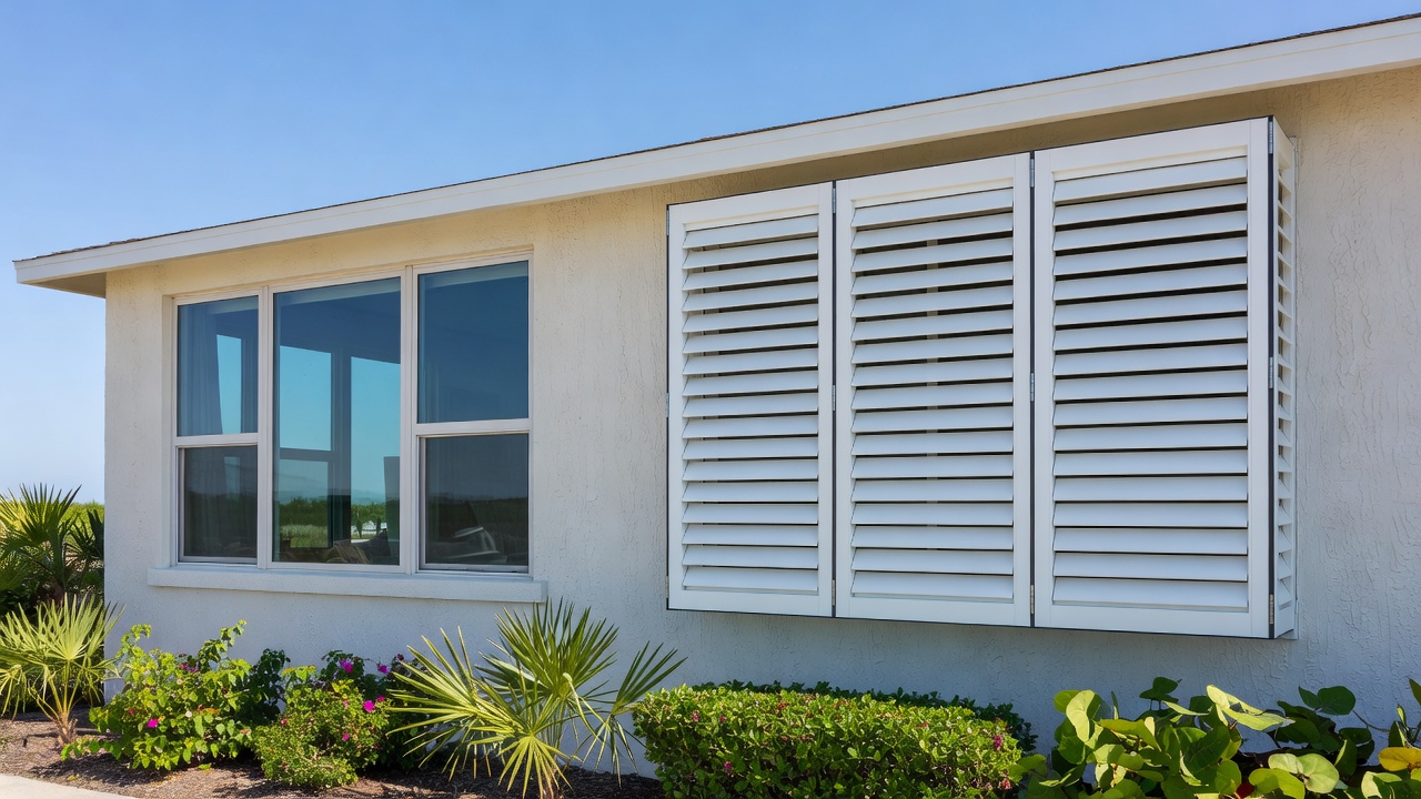 Florida home exterior with impact windows and white louvered hurricane shutters on stucco wall, blue sky, and tropical landscaping