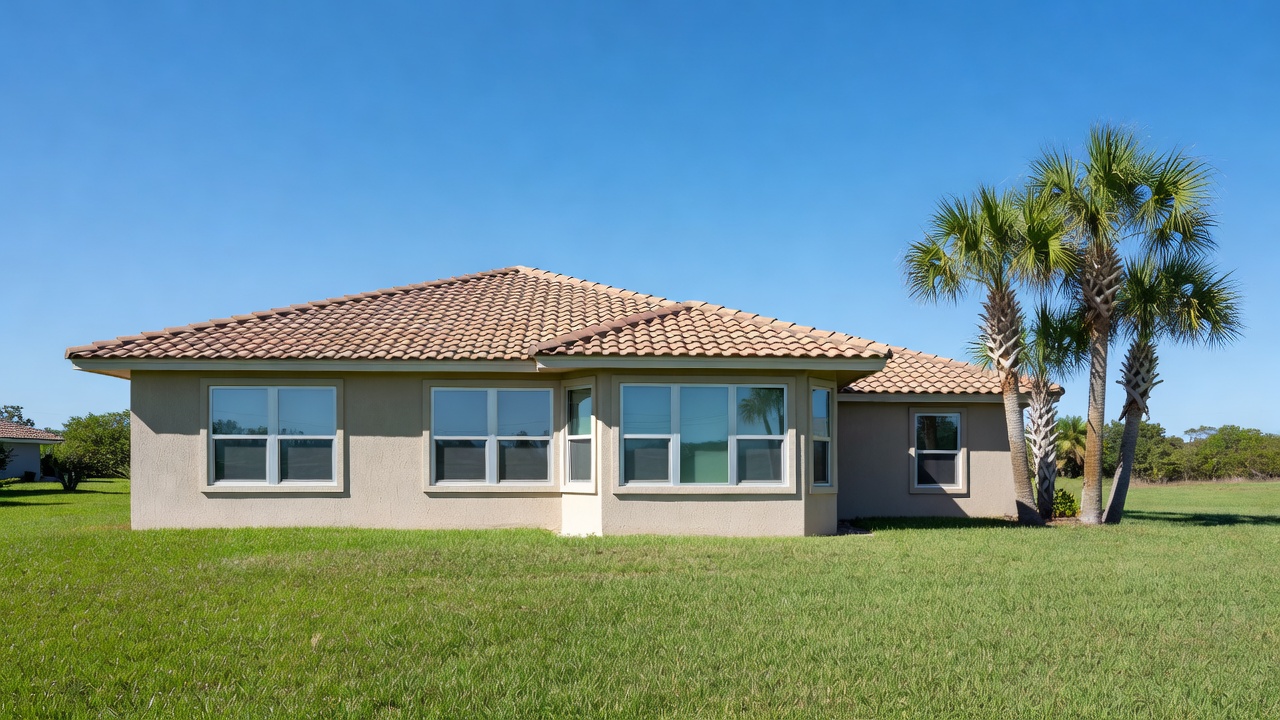 Florida single-story home with tiled roof, impact windows, lawn, and palm trees under clear blue sky