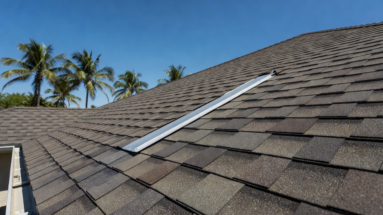 Close-up of layered asphalt shingles with metal flashing on a sloped roof, palm trees and clear blue sky in background