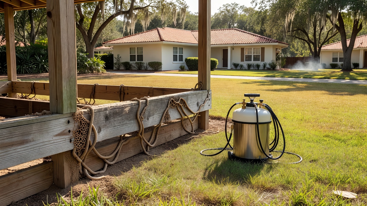 Termite treatment sprayer beside wooden foundation beams with shelter tubes on sunny Florida lawn