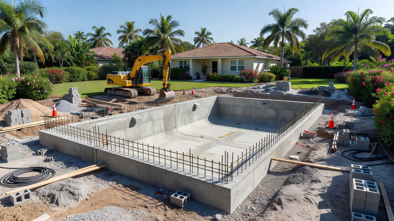 Concrete in-ground pool shell under construction in Florida backyard with excavator, rebar, and materials beside home