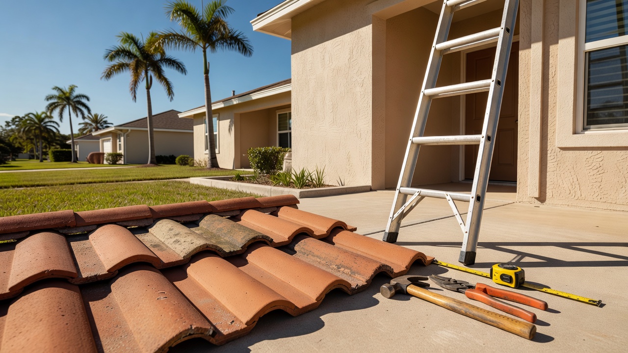 Roofing tiles, ladder, and tools beside a Florida home with palm trees
