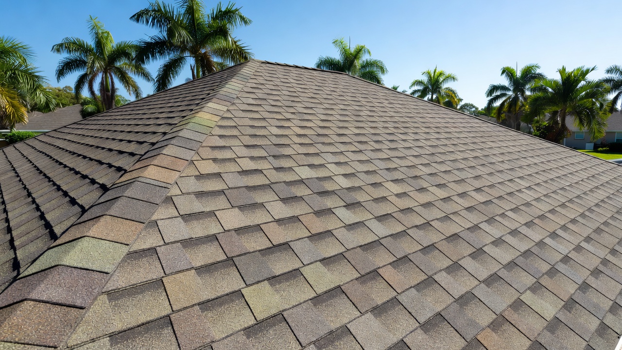 Close-up of layered asphalt shingles on a sloped residential roof with palm trees and blue sky in sunny Florida neighborhood