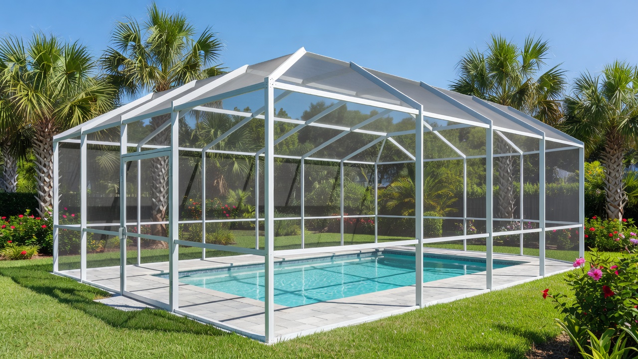 White aluminum screen enclosure with mesh panels surrounding a swimming pool in a sunny Florida backyard with palm trees