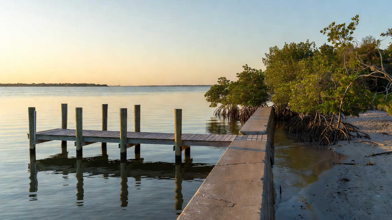 Wooden dock extending into calm water beside concrete seawall with mangroves on shoreline at sunset