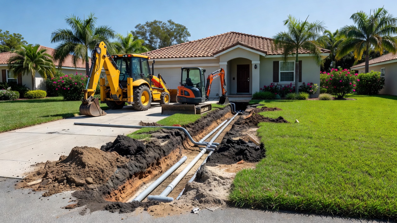 Yellow backhoe and orange excavator beside a trench with exposed pipes in front of a Florida house with palm trees