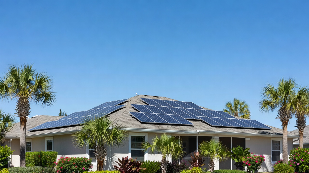 Florida home with rooftop solar panels, palm trees, and clear blue sky