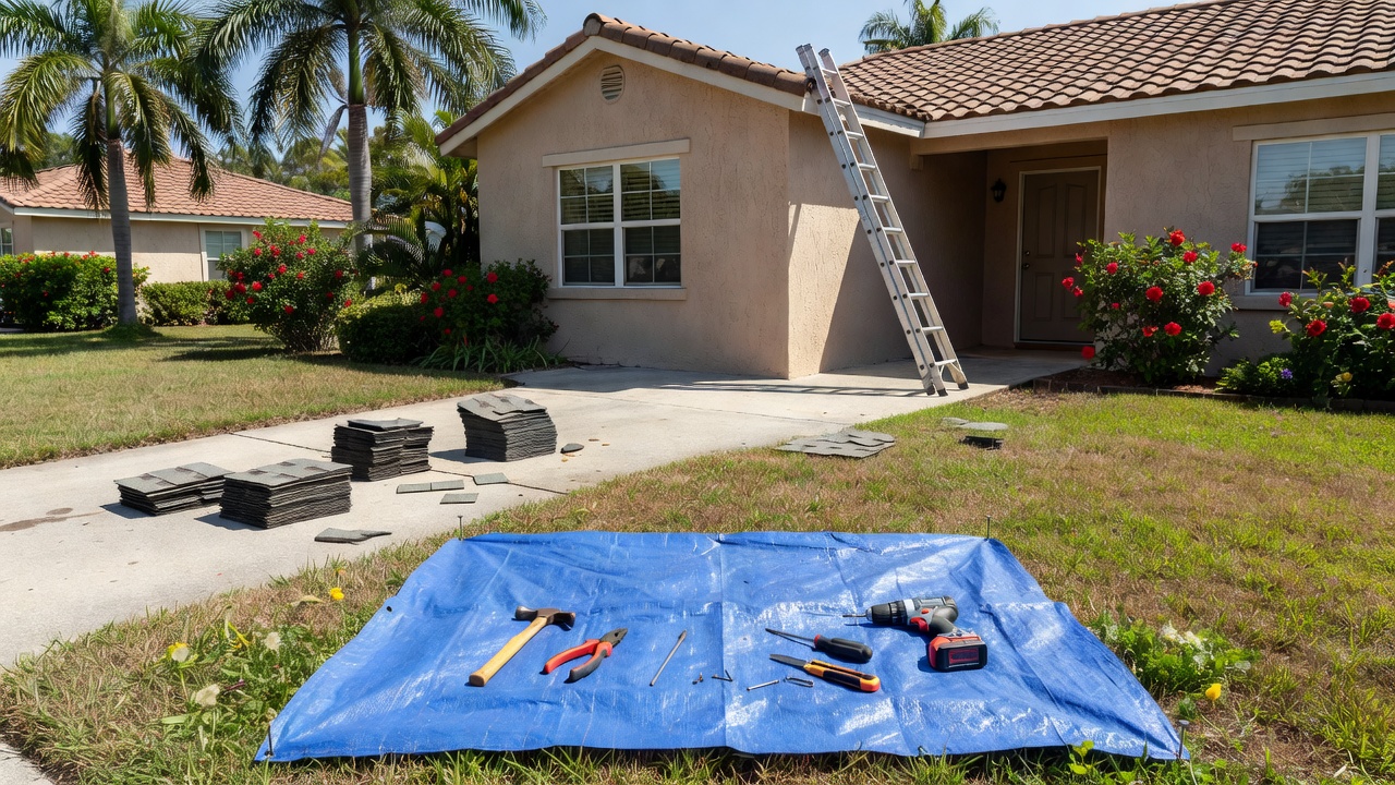 Florida home exterior with roofing shingles on driveway, ladder on house, and tools on blue tarp on lawn