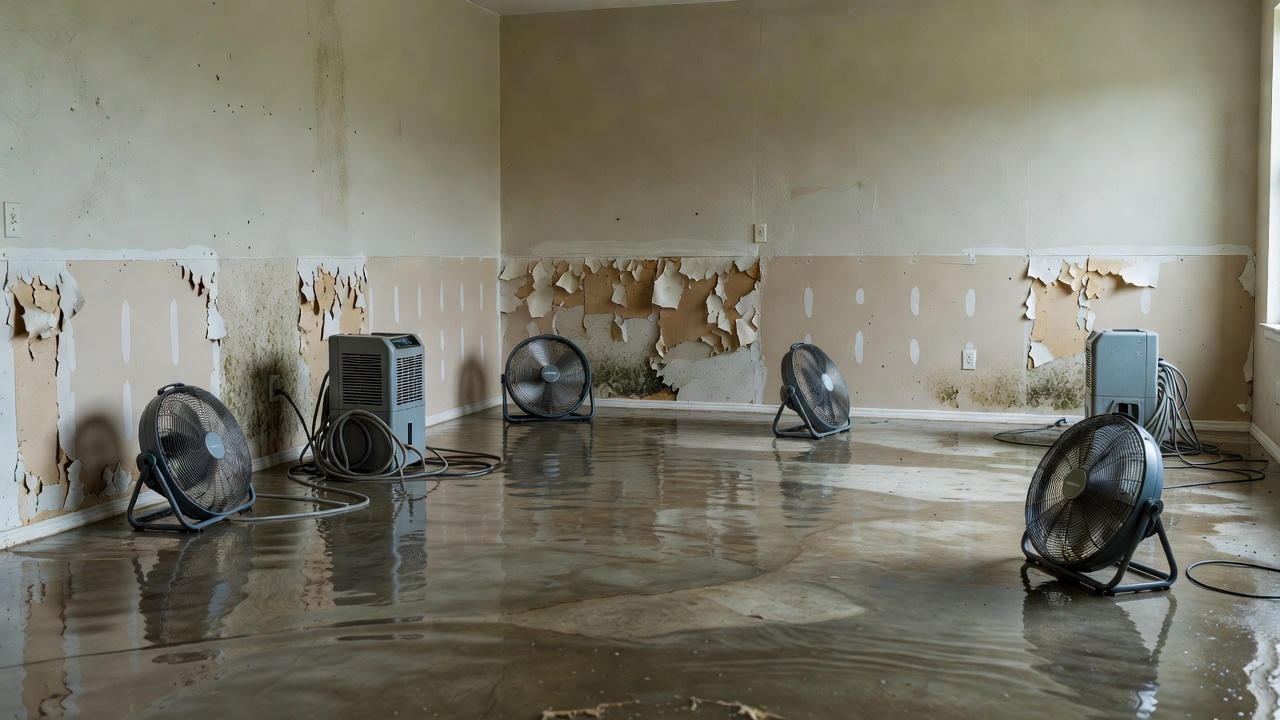 Flooded room with standing water, damaged drywall, and industrial fans plus dehumidifiers drying the space